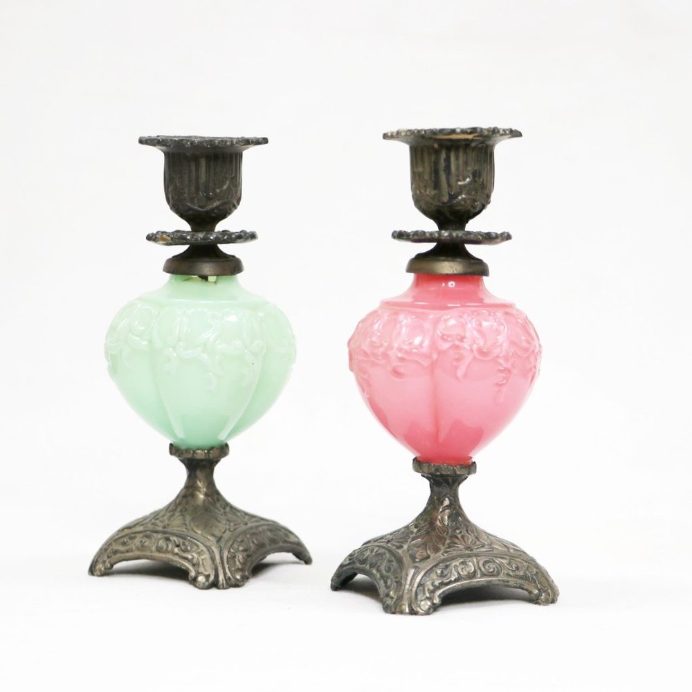 Vintage Victorian JB Milk Glass Candle Holders